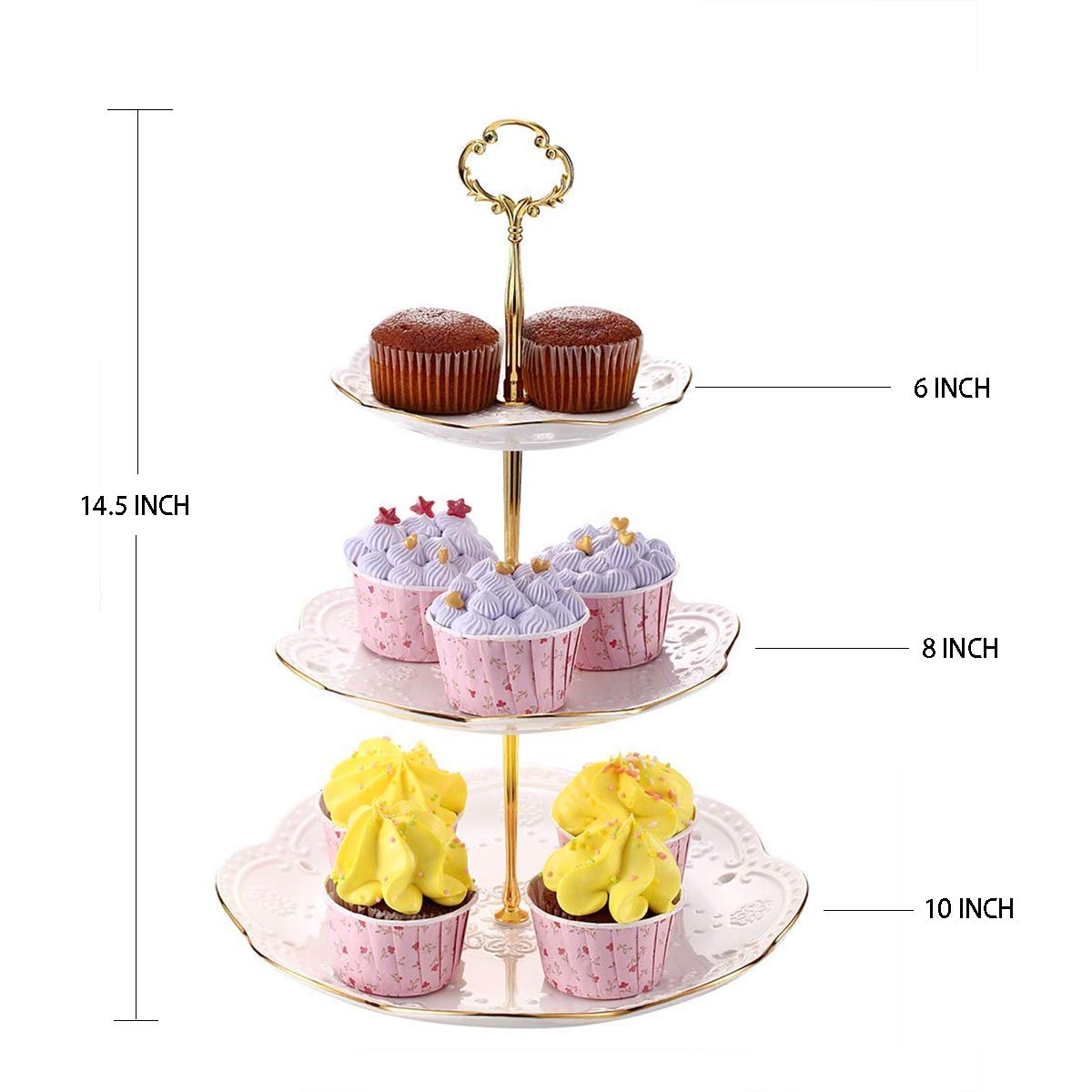 BonNoces 3-Tier Porcelain Embossed Cupcake Stand - Pure White Rimmed with Gold Dessert Cake Stand - Pastry Serving Tray Platter for Tea Party, Wedding and Birthday