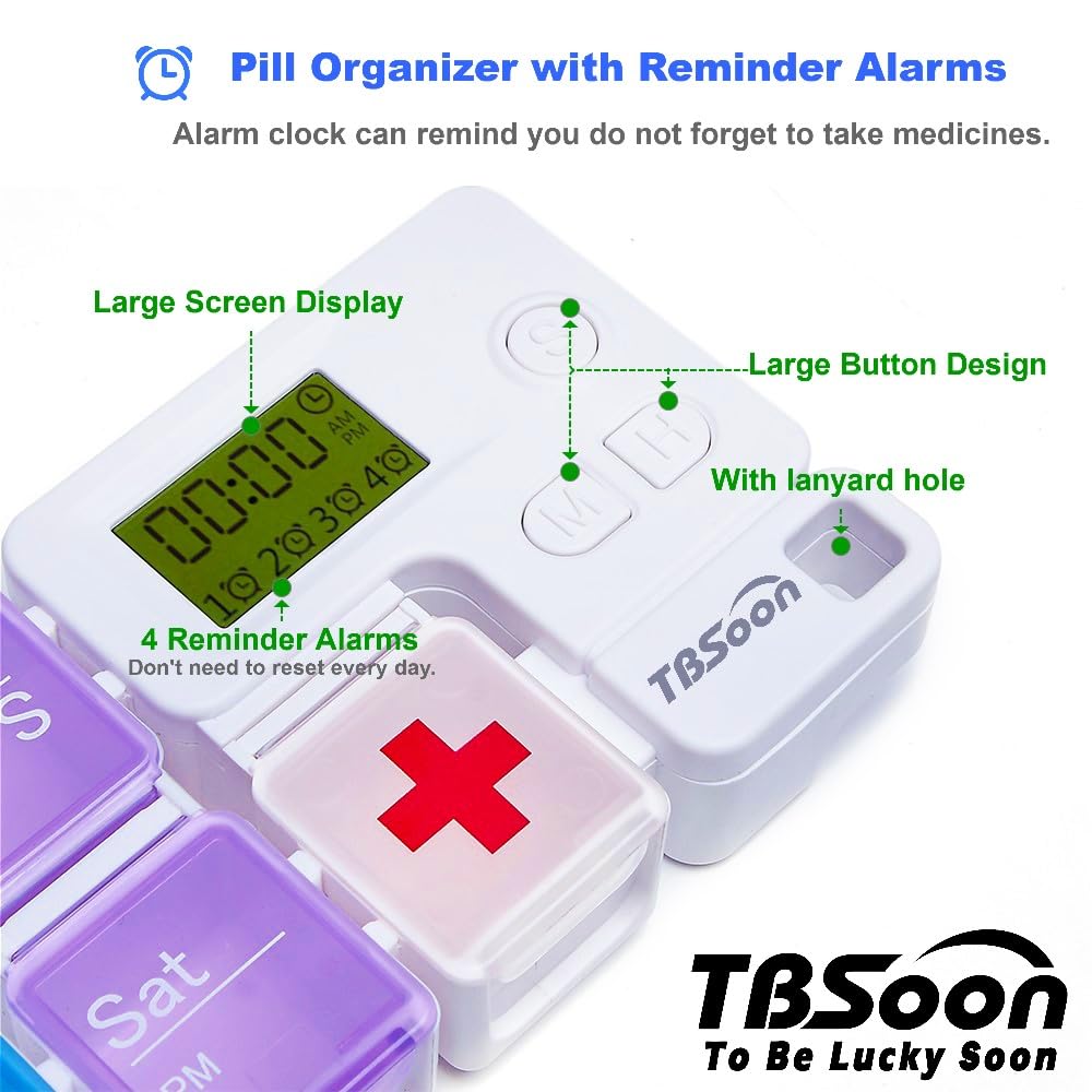 7 Day Medicine Pill Organizer, 4 Reminder Alarms, Loud Sound, 14 Large Compartments, Large Screen, Moisture-Proof, Travel Weekly/Daily Pill Box/Organizer/Case/Container/Dispenser, AM/PM 2 Times a Day