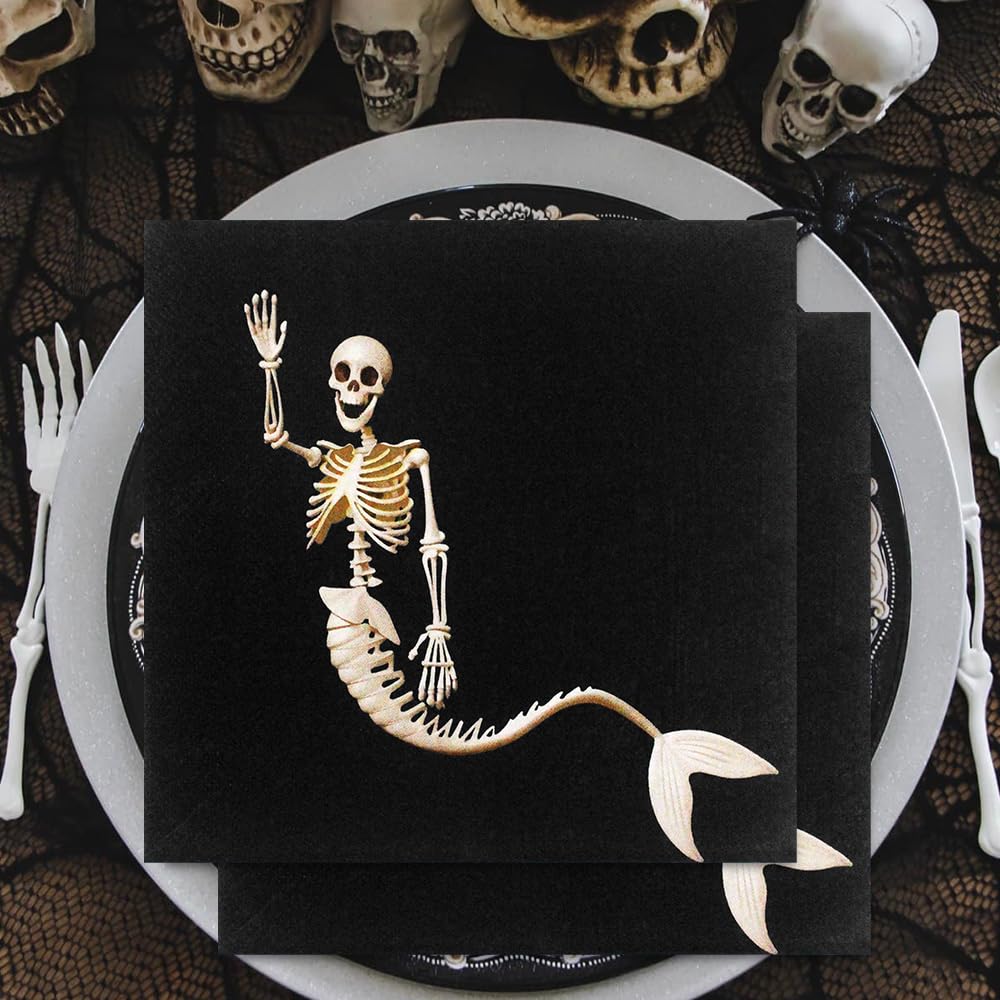 Dulousia 60count Halloween Napkins - 6.5x6.5in Disposable Paper Napkin Mermaid Skeleton Black Napkins for Halloween Get-together, DIY Parties, Holiday Celbration Home Dinner Skull Themed Table Decor