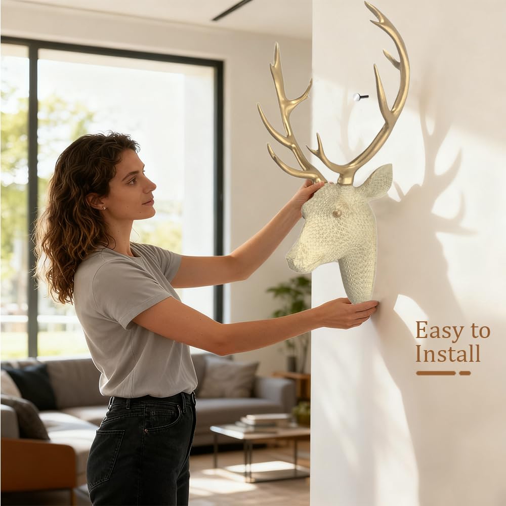 Mingzhang Deer Head Wall Decor Resin Animal Head Wall Sculpture Hanging Decoration for Home Bedroom Kitchen Bathroom Farmhouse Christmas Decor 15.7 Inch Deer Head Wall Mount