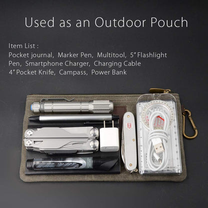 All Purpose Utility Zipper Pouch, EDC Organizer, Water Resistant, Durable Waxed Canvas with Full Grain Leather, Carabiner, Inner Pockets, Office Work Essentials, Charger Case, Pencil Case. Olive.