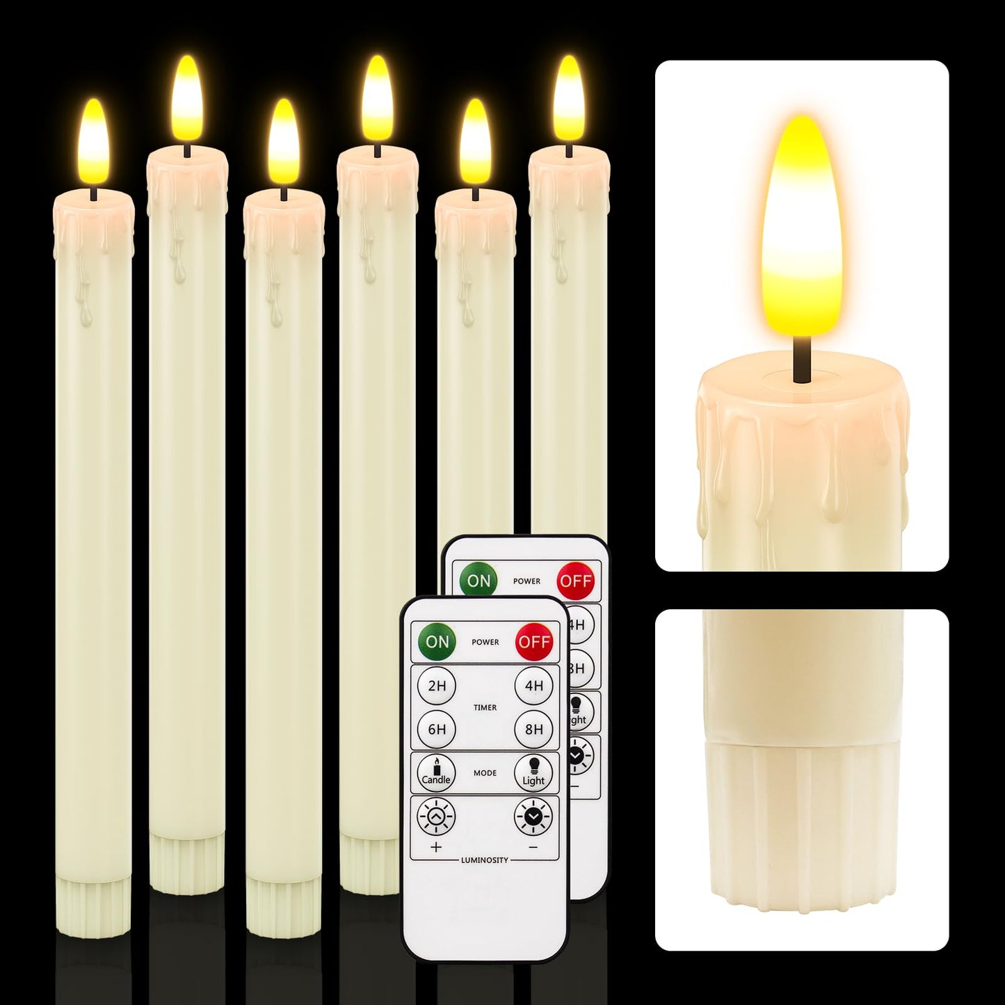 HL Flameless Taper Candles with Remote Timer, 450H+ Long Lasting Battery Operated LED Candlesticks with Warm 3D Flickering Flame, 9.6" Window Candles for Halloween Christmas Home Decor (Ivory 6Pcs)