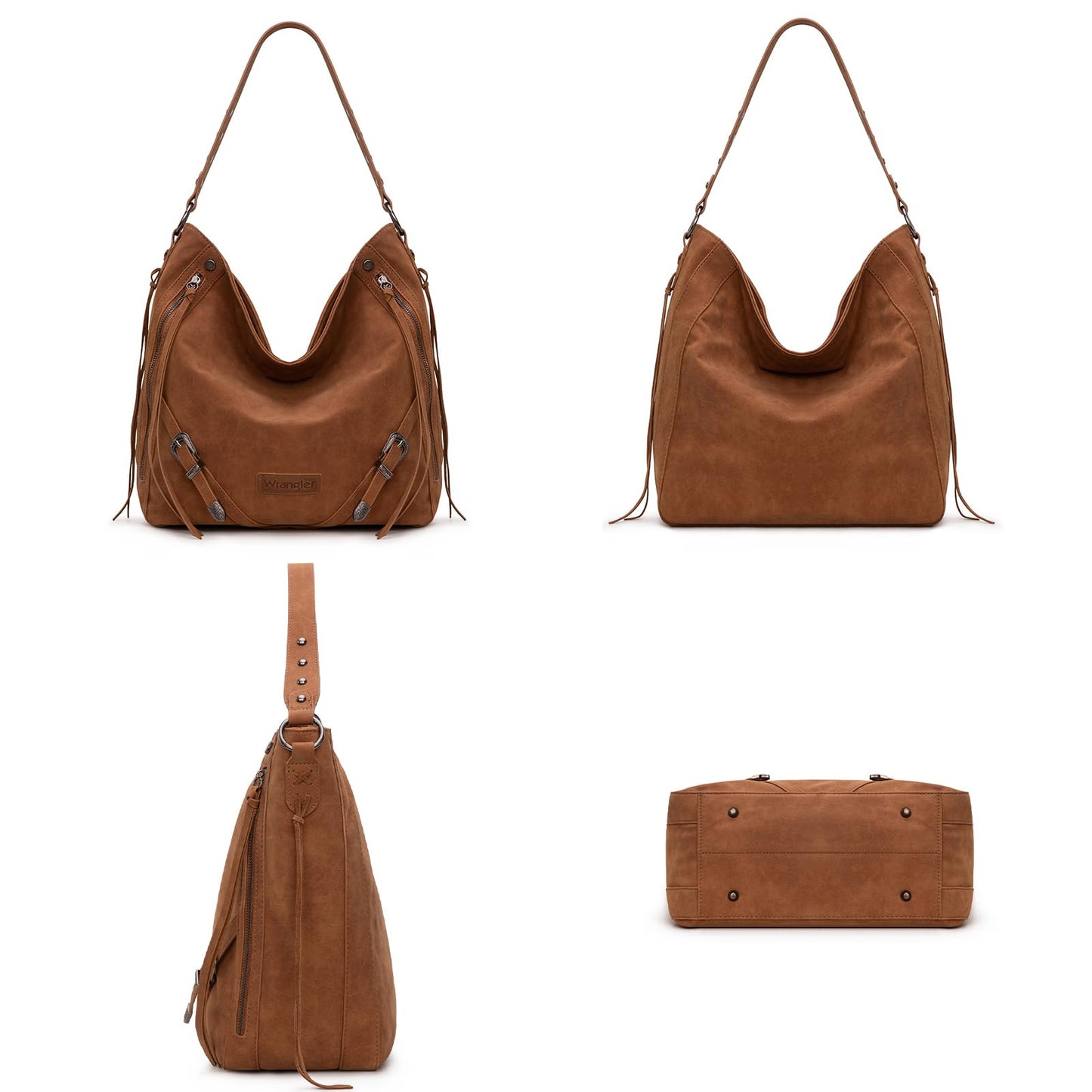 Wrangler Large Brown Hobo Bags for Women Purses and Handbags with Buckle Fringe Zipper Faux Suede Leather Shoulder Bag WG245-918BR