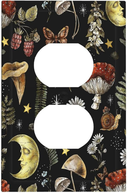 Nature Plant Botanical Daisy Mushroom Snails And Moon 1 Gang Duplex Receptacle Switch Wall Plate Decorative Switchplate Outlet Covers Electrical Plug Cover Faceplate for Home Decor