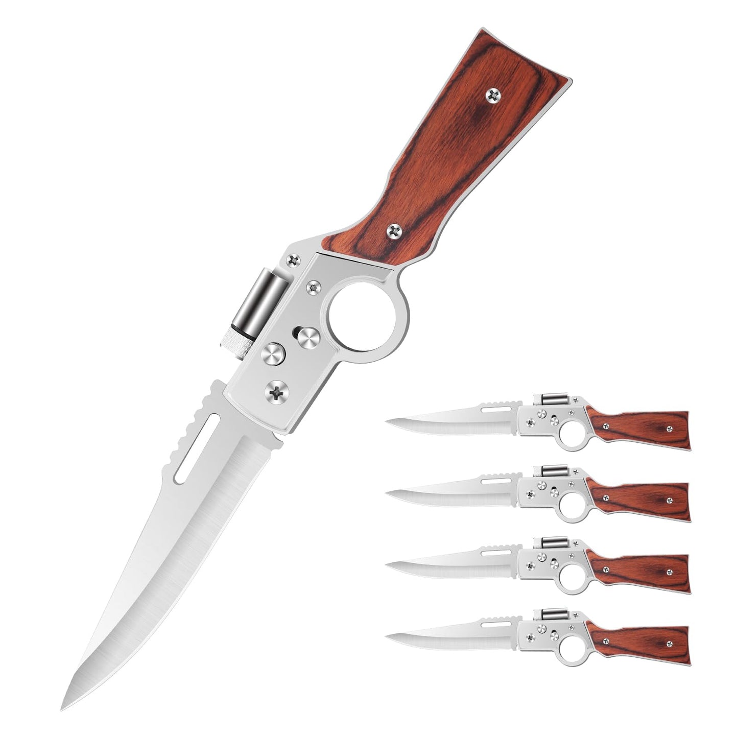 Uninuou AK47 Style Tactical Folding Knife 4-Pack – Bulk Set with LED Light, Wood Handle, Laser Engraving Ready, Groomsmen Gifts for Men, Outdoor Camping Hiking Gear (4)