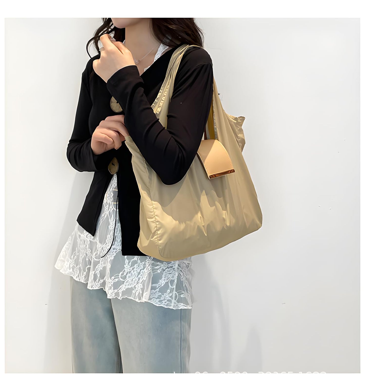 Locus Amoenus Foldable Reusable Shopping Bag Keychain, Portable Eco-Friendly Grocery Tote Bag for Women, Lightweight Travel Shopping Bag (Beige)