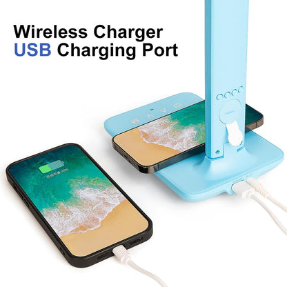 Multifunctional LED Desk Lamp with Wireless Charger,USB Charging Port,Clock,Phone Holder,Desk Lamps for Home Office,Eye-Caring Reading Lamp,Study Lamp for Boys,Girls,Teens,White