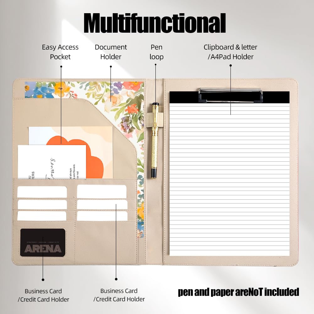 [BRAVE ELK] A4 Clipboard Folder with 25 Memo Sheets, PU Leather Padfolio Business Organizer, Professional Resume Portfolio with Pen Holder, Document Case for Job Interview, Conference, Office