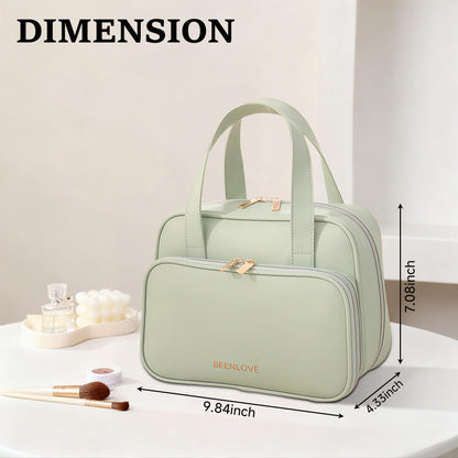 VISSUX Travel Makeup Bag for Women, Waterproof PU Leather Cosmetic Organizer with Handle, Large Capacity Toiletry Bag with Wide-Open & Multiple Compartments for Travel Accessories & Essentials (GREEN)