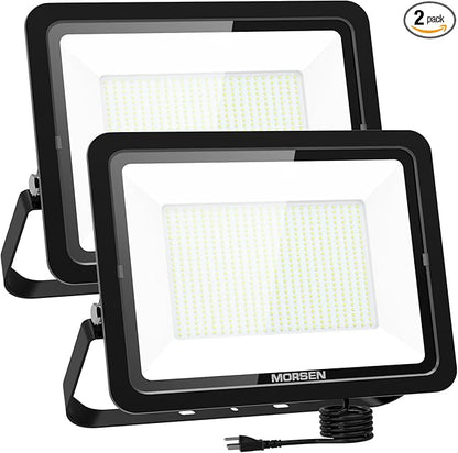 MORSEN 500W Flood Light Outdoor Plug in - 50000LM 5000K LED Flood Light, IP66 Waterproof, UL Listed Daylight Security Lights for Garden, Yard, Garage, Stadium, 2 Pack