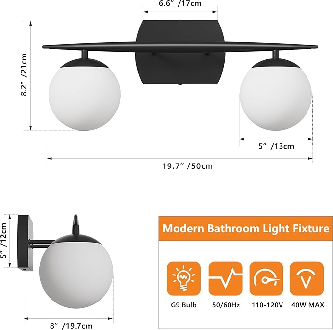 Black Vanity Lights for Bathroom, 2-Light 20 Inch Bathroom Lighting Fixtures over Mirror with Milky White Frosted Glass Shades, Wall Sconces for Bathroom, Bedroom, Living Room(G9 Bulb not Included)