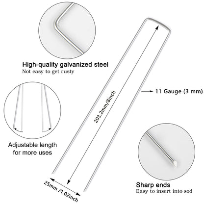 FEED GARDEN 8 Inch 50 Pack Galvanized Landscape Staples 11 Gauge Anti-Rust Garden Stakes Landscaping Fabric SOD Pins Yard Stakes for Weed Barrier Fabric