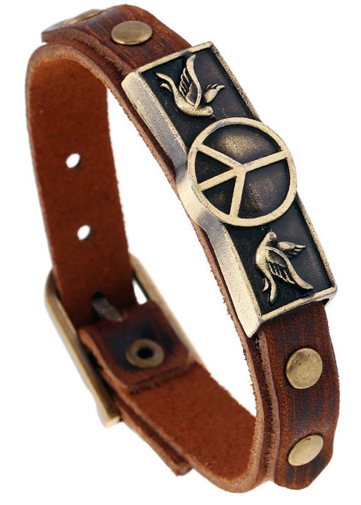 Hamoery Men Punk Leather Buckle World Peace Alloy Cuff Bracelet Bangle Wristband(Peace)
