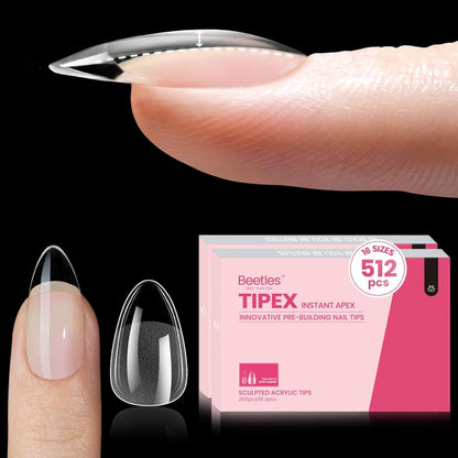 Beetles Tipex Gel Nail Kit, Medium Almond Nail Tips 224 Pcs 16 Sizes Pre-Building Pre-Etched Thick Acrylic Tips with Tipex Glue, Mini Lamp