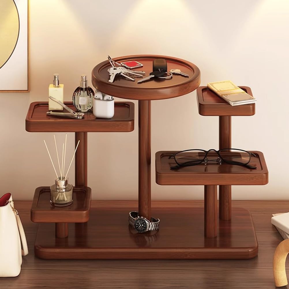 STEHEMO Wooden Tray for Countertop, Cologne Stand Shelves, Elegant Organizer for Cosmetics, Jewelry, Perfume, Candle, Key, Solid Wood Tray for Bathroom, Kitchen, Bedroom, Entryway,Brown