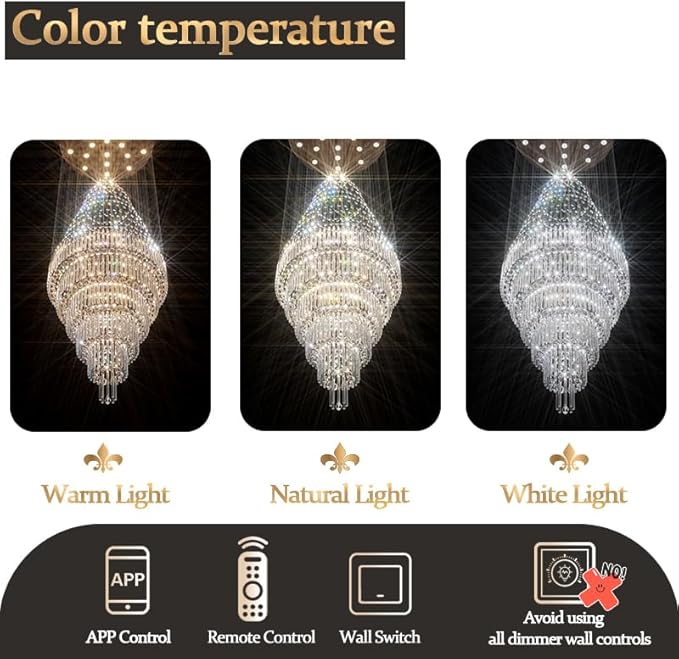 Flashing God D48''X H120''High Ceiling Chandelier Crystal Raindrop Gold Chandeliers Large Villa Chandelier Entrance Foyer Hight Ceiling Lighting LED Dimmable 2700K-4500K-6000K 24 LED Bulbs Include