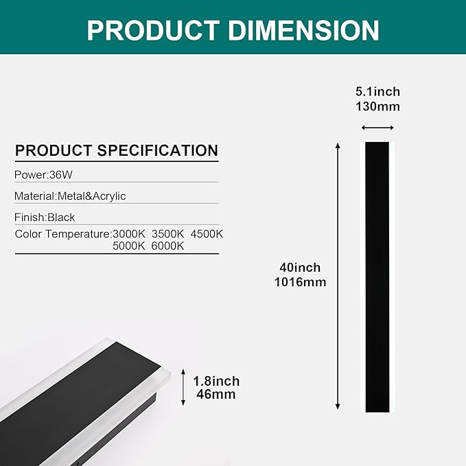 2PCS 40in LED Long Wall Light, Outdoor Wall Light Fixtures,Dimmable Wall Sconce Long LED Linear, Exterior Front Porch Light 3000-6000k,Outdoor Light Fixtures Wall Mount for Courtyard Exterior