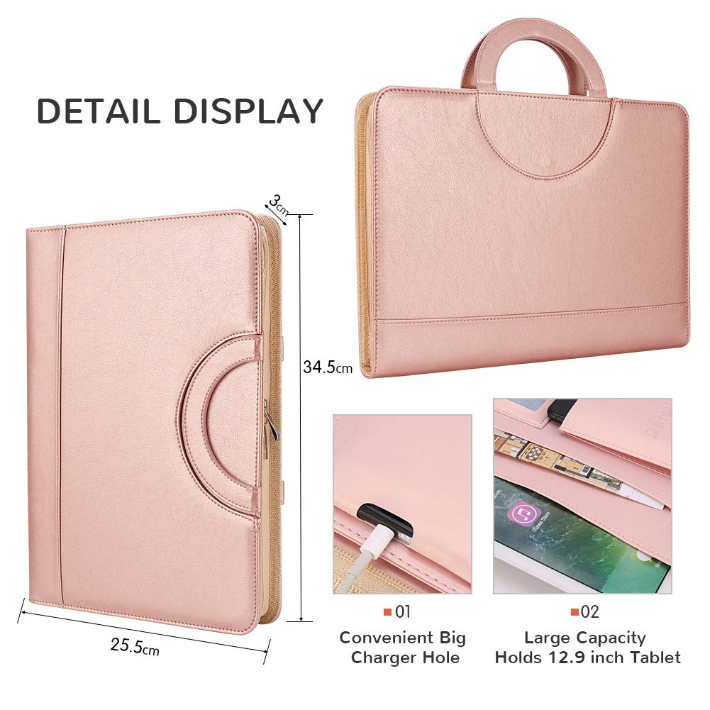 Darolin Zippered Leather Padfolio Portfolio with [Hidden Handle] and [Clipboard], Business Conference Portfolio Organizer Notepad Folder, Padfolio for Women/Men (Rosegold)