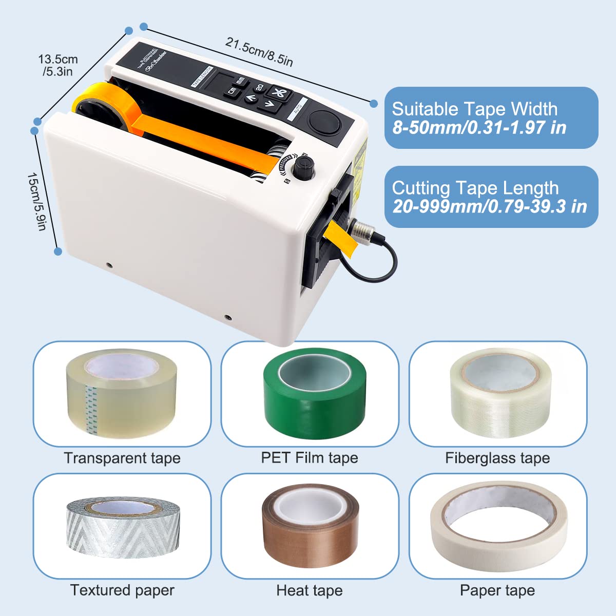 Electric Tape Cutting Machine,Automatic Tape Dispenser Cutter for Wrapping/Packing, with 999mm Cutting Length for Various 8-50mm Width Tapes