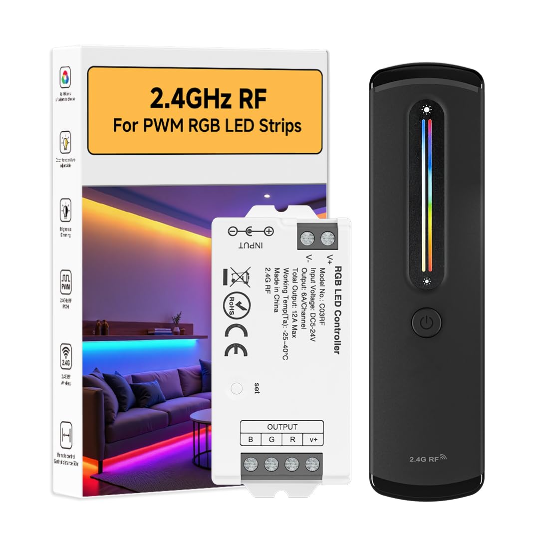 BTF-LIGHTING RC09RFB & C03RF RF 2.4GHz Wireless Tuya Controller Kit Color Adjustment,Dim Brightness,Sensitive Touch Slide Control for PWM (+ R G B) 4PIN SMD FCOB RGB LED Strip DC5V DC12V DC24V