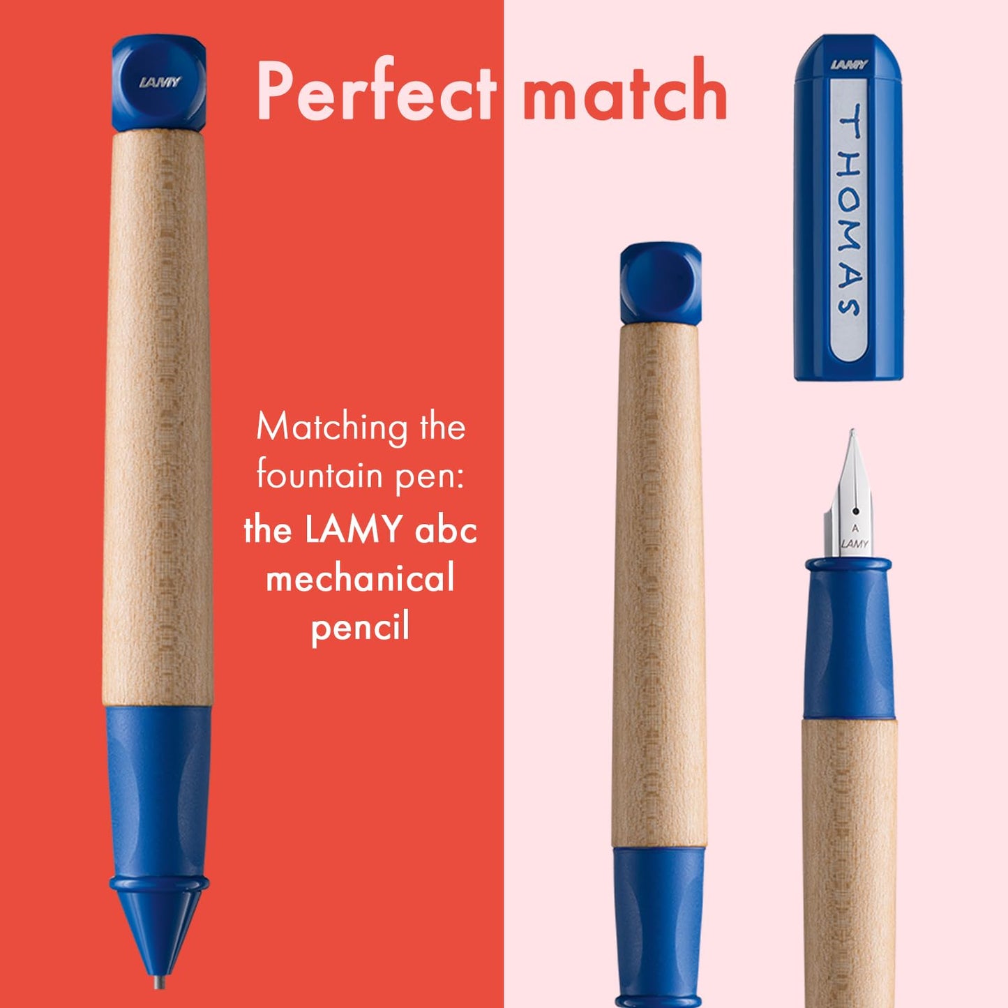 LAMY abc blue - child-friendly Fountain Pen for writing beginners with ergonomic grip & polished steel nib in size A - robust maple wood - including LAMY T 10 blue ink cartridge - Right-Handed