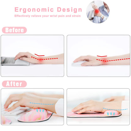 Memory Foam Ergonomic Keyboard Wrist Rest Pad and Mouse Wrist Rest Support Mouse Pad Set for Office Gaming Easy Typing-Pink Fluid