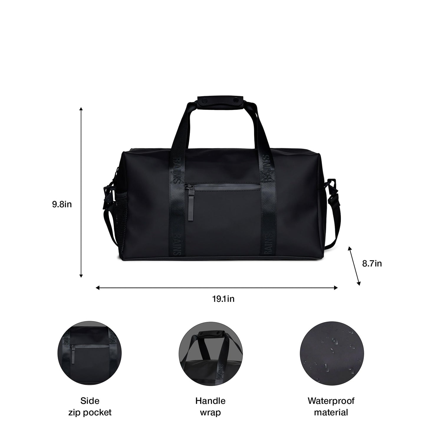 RAINS Trail Gym Bag - Black Gym Duffel Bag for Men and Women, Waterproof Material Sports Duffel Bags With Coated Zip, Detachable Shoulder Strap, 26 L - 2-Year Warranty