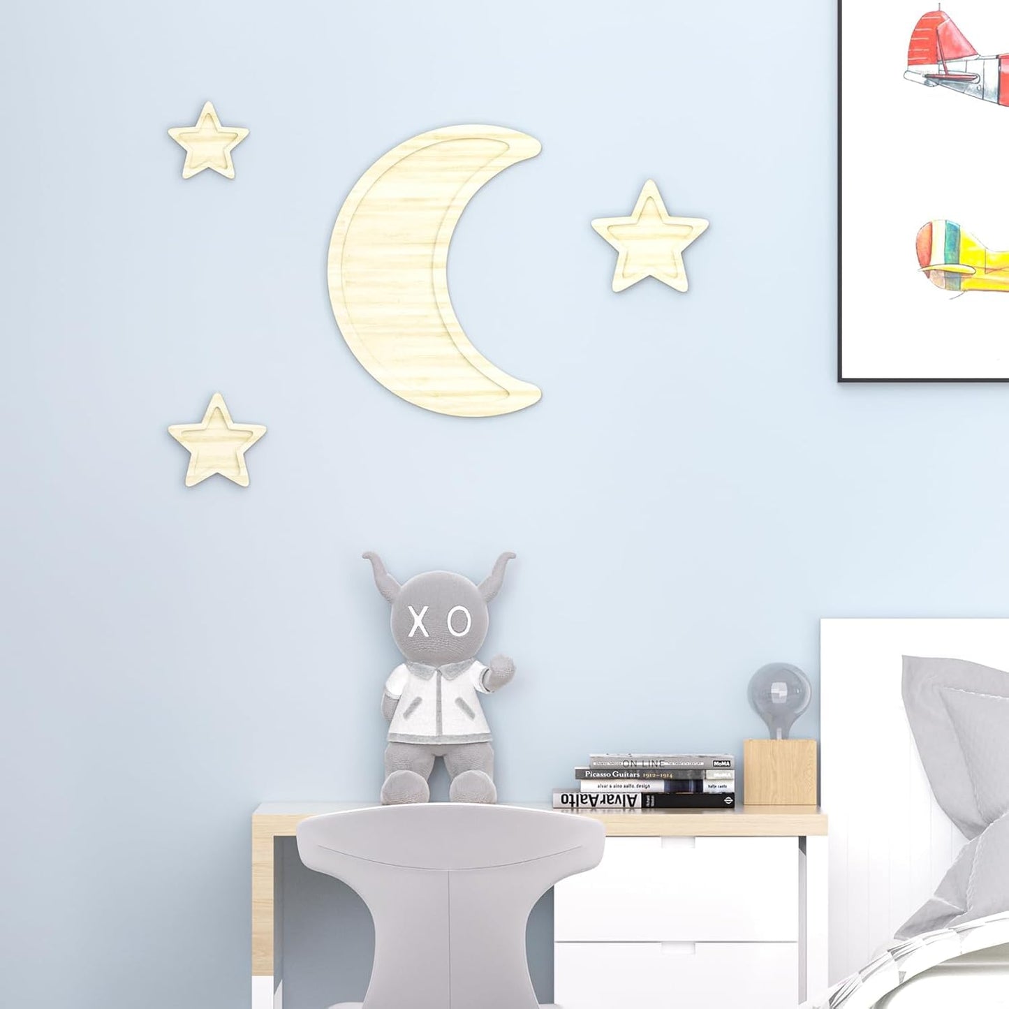 Boho Nursery Decor, 4 Pcs Wooden Moon Stars Baby Wall Decor Baby Room Decor for Nursery Bedroom