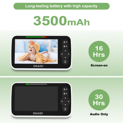 OKAIDI Baby Monitor with Camera and Audio, 5" Large Screen with 30-Hour Battery, 1000ft Range Video Baby Monitor, Remote Pan-Tilt-Zoom Baby Monitor No WiFi, Night Vision, VOX, 2-Way Talk, 8 Lullabies