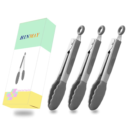Small Silicone Tongs 7-Inch Mini Serving Tongs, Set of 3 (Black Gray White)