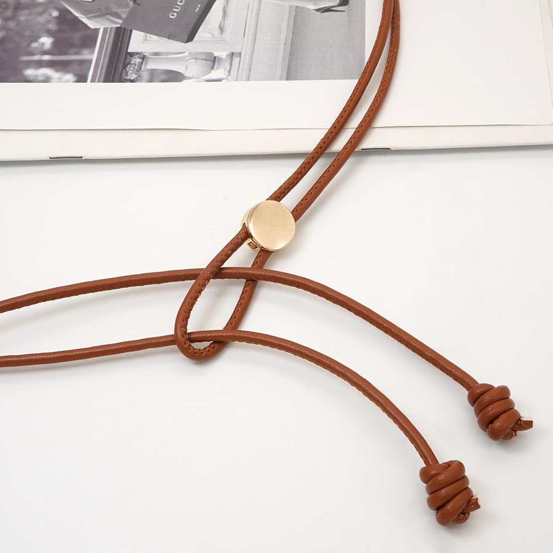 Buywis Women Skinny Belts Thin PU Leather Knotted Waist Belt for Dresses Brown Fit Waist 28"-40"