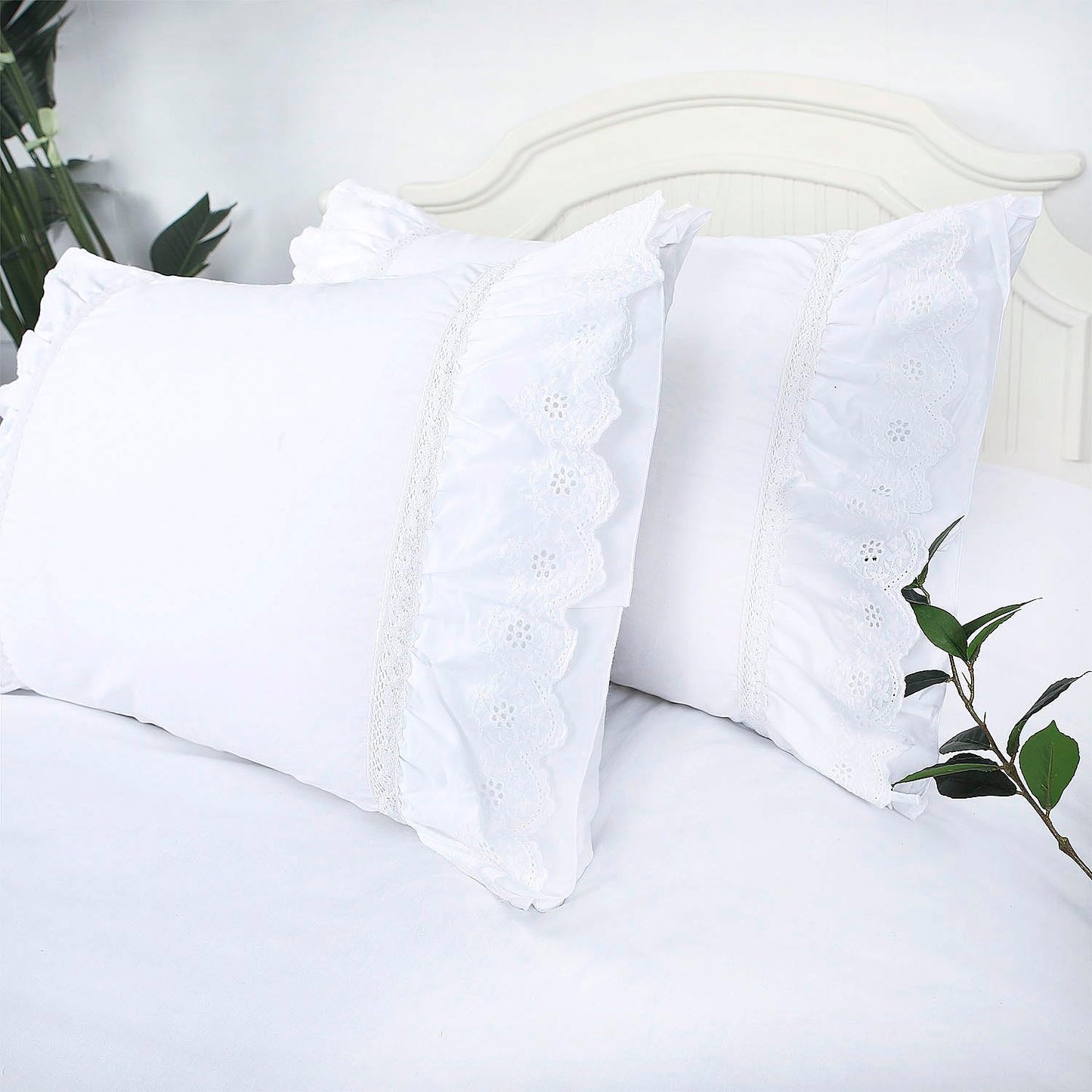 Eyelet Pillow Shams Lace Ruffled Standard White Shabby Chic Farmhouse Pillowcases Set of 2 Pretty Elegant Cotton Country French Cottage Embroidered Floral Victorian Crochet Trim 20x26