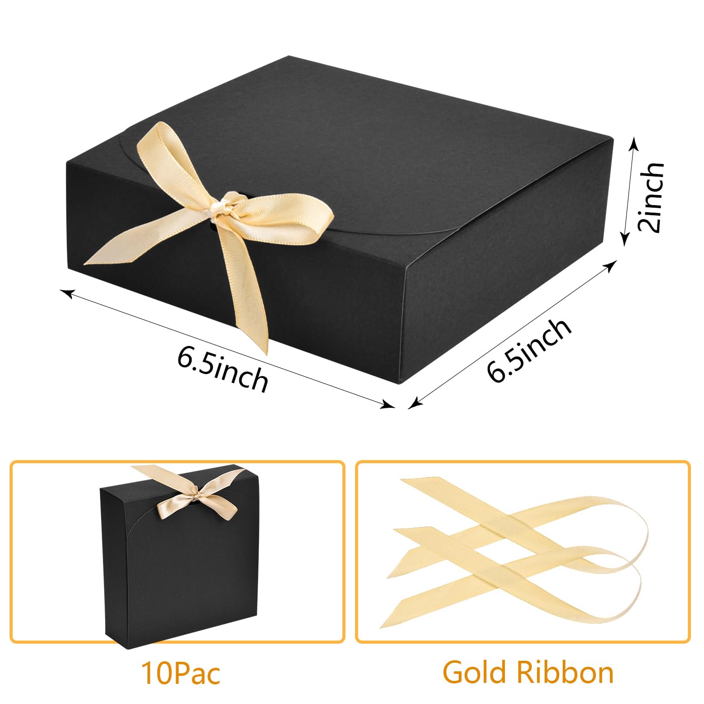 WLUSEAXI 10pack Gift Boxes with Lids, 6.5''x6.5''x2'' Black Gift Boxes For Presents, Paper Boxes Gift Boxes with Ribbon for Birthday Wedding Party Chocolate Candy