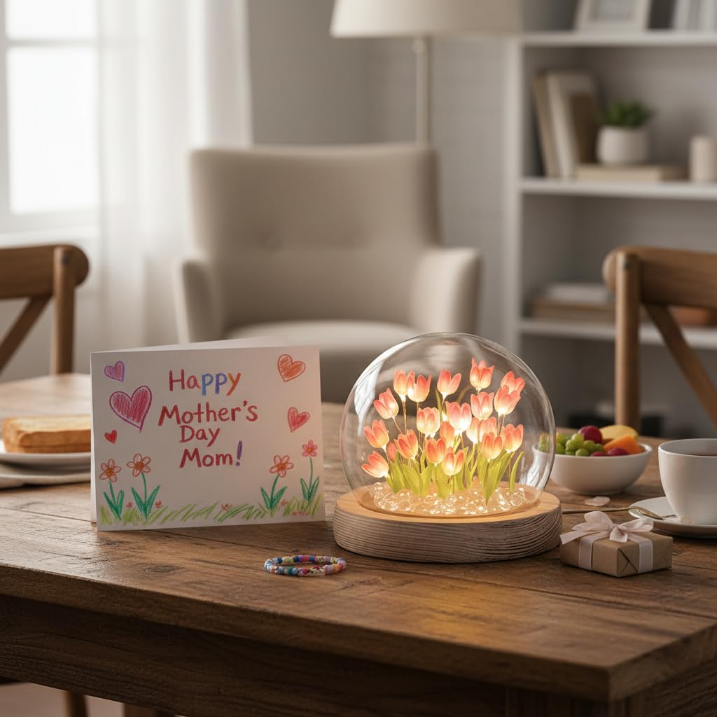 LOGAZOO Mothers Day Gifts for Mom – Tulip Lamp with Glass Dome, 20 LED Flower Night Light, Gift for Mom from Daughter Son, Birthday Christmas Holiday Gifts for Women, Bedroom Desk Decor