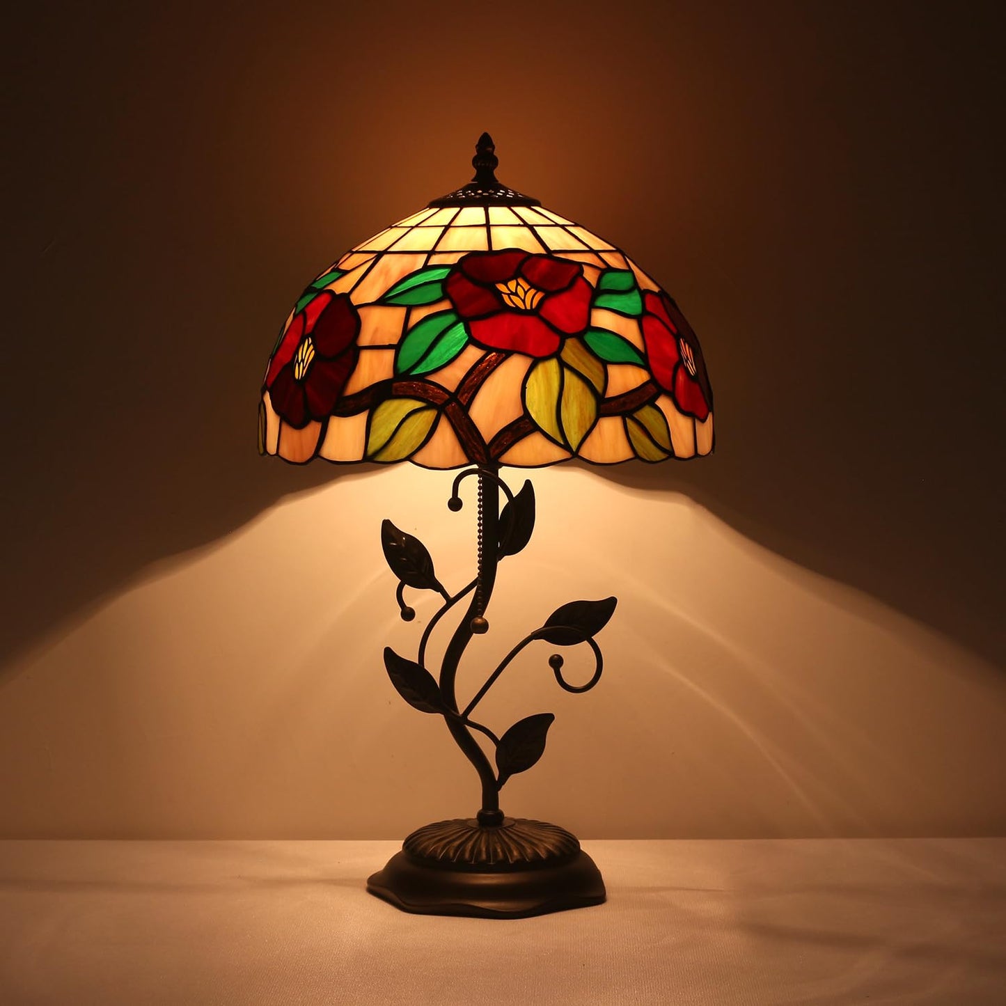 TFNALNB Tiffany Table Lamp, Stained Glass Crabapple Flower Design, with Metal Leaf Base, 12x12x19 Inch for Bedroom, Living Room, Home, Office