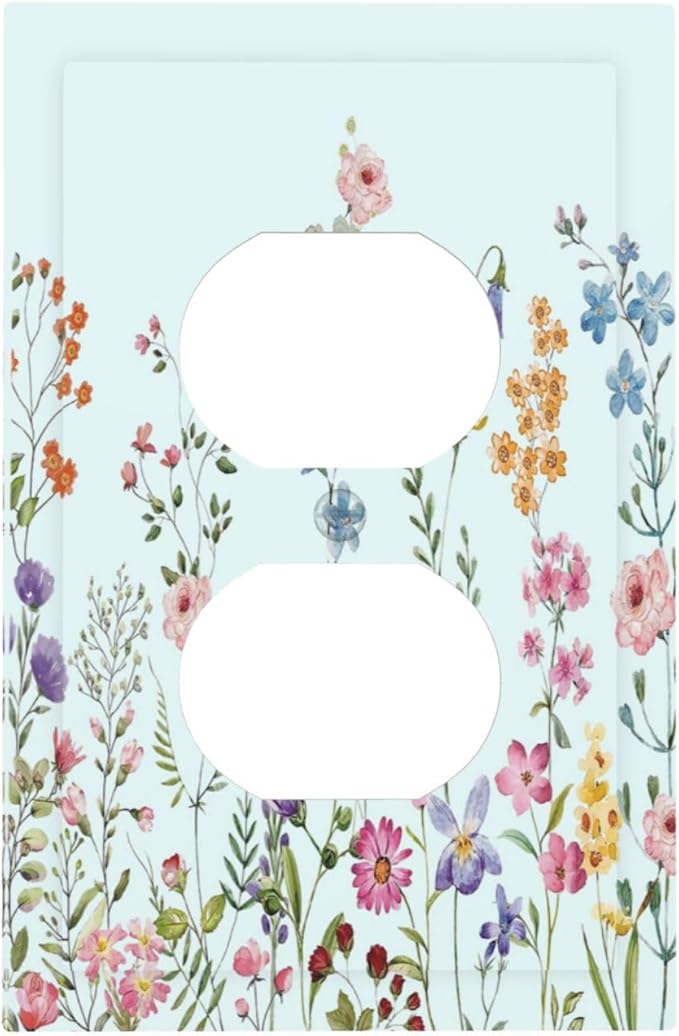 Rustic Wild Floral Vintage Blue Watercolor Flower 1 Gang Outlet Plate Decorative Single Duplex Wall Plate Covers Unique Electrical Receptacle Light Switch Cover Art Faceplate Switchplate