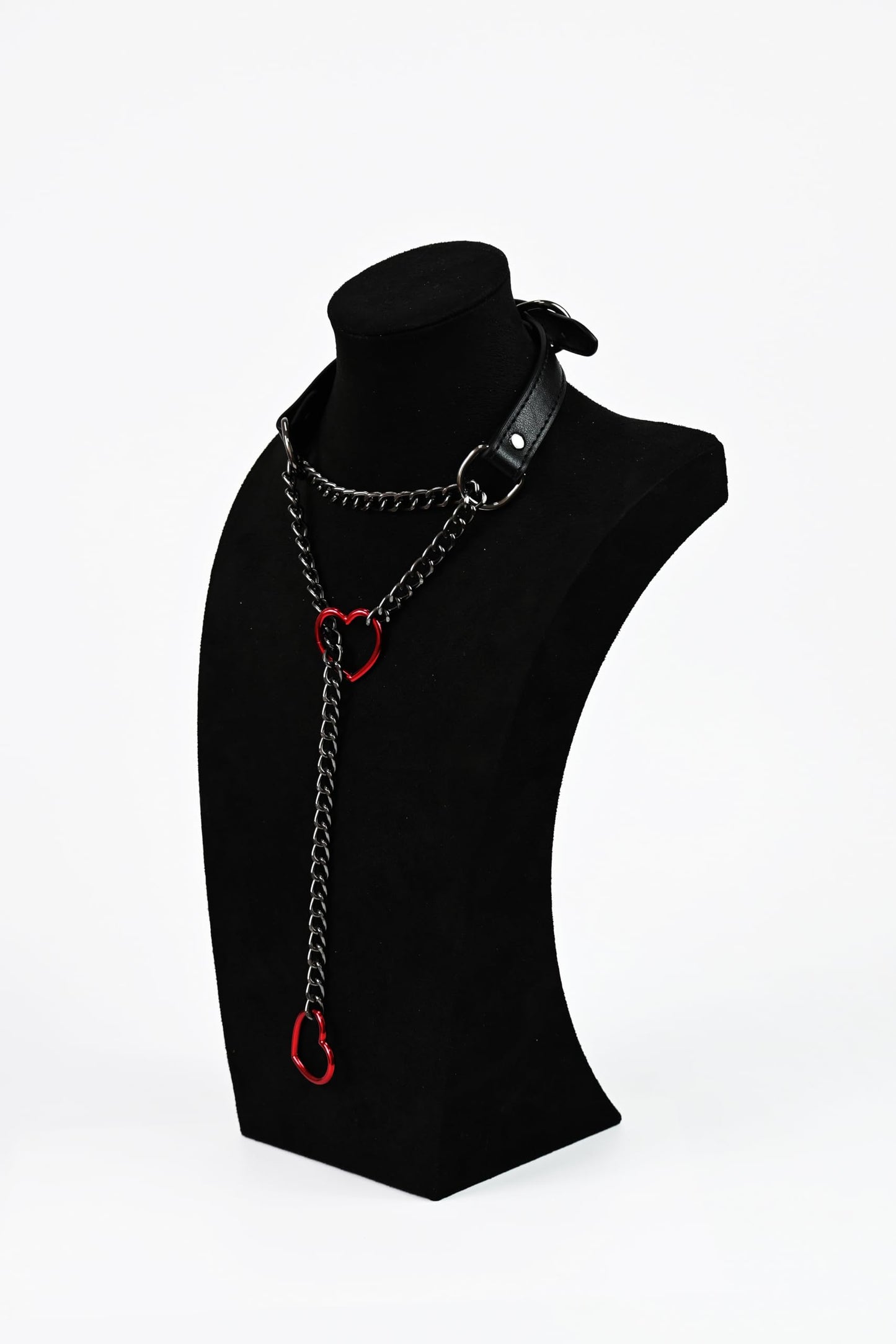 SIROLISA Handmade Black Heart Choker Collar for Women, Punk Gothic Vegan Leather Slip Chain Necklace with Adjustable Buckle, O-Ring Y-Necklace Jewelry for Goth Alternative Aesthetic Costumes