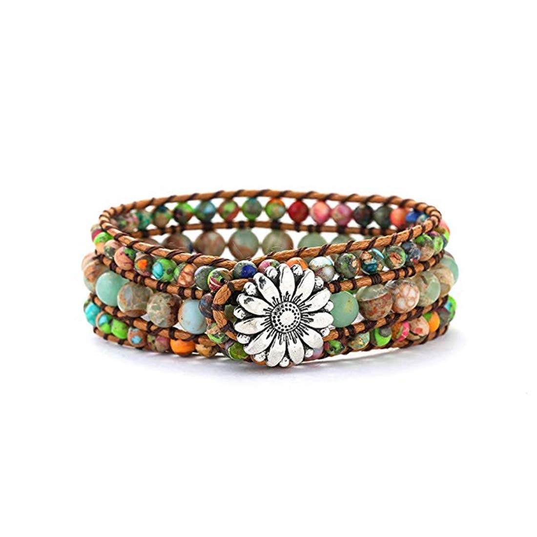 YGLINE Boho Handmade Natural Stone Bead 3 Row Wide Wrap Wrist Statment Bracelet Jewelry Collection (regalite ＆agalmatolite)