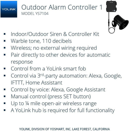YoLink Outdoor Security Siren & Smart Alarm Controller Kit - Loud 110 dB, Wireless, Battery-Powered, 1/4 Mile Range, Android-iOS App, Alexa, Google, IFTTT, Home Assistant, Hub Required!