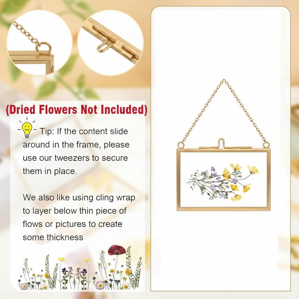 FOCHIER F 4 Pcs Pressed Flower Frame, Wall Hanging Tabletop Display Double Glass Frames with Metal Chain for Pressed Dried Flowers Plants, Horizontal and Vertical Picture Frame, Black, FRAMES ONLY