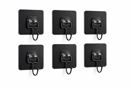 Black Metal Adhesive Wall Hooks Light Duty 6-Pack, No Drill Waterproof Sticky Hooks for Bathroom Kitchen Garage, Strong Wall Hooks for Towels, Keys, Coat, Tools, Holds Up to 20 lbs