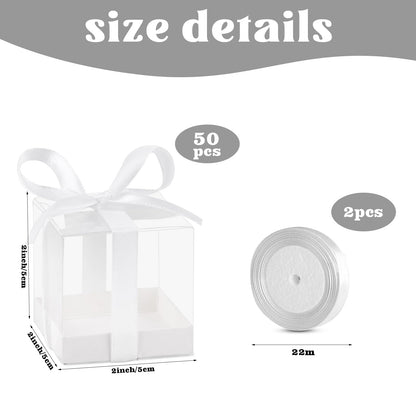 Hxezoc 50 Pack Favor Boxes, 2x2x2 Inches Clear Candy Treat Boxes with White Ribbons, Mini Plastic Gift Boxes for Wedding, Birthday Party, Baby Shower, Classroom Decoration Supplies