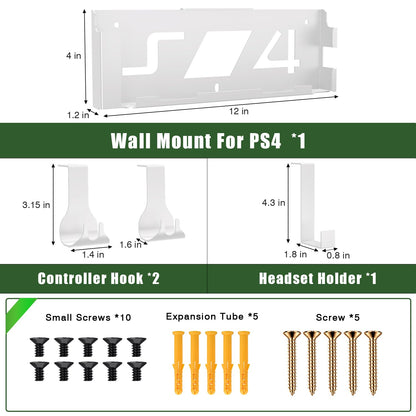 Wall Mount Kit with Detachable 2 Controller Holder & Headphone Hanger, Mount On The Wall Or On The Back Of The TV, Wall Mount Compatible with PS4, White