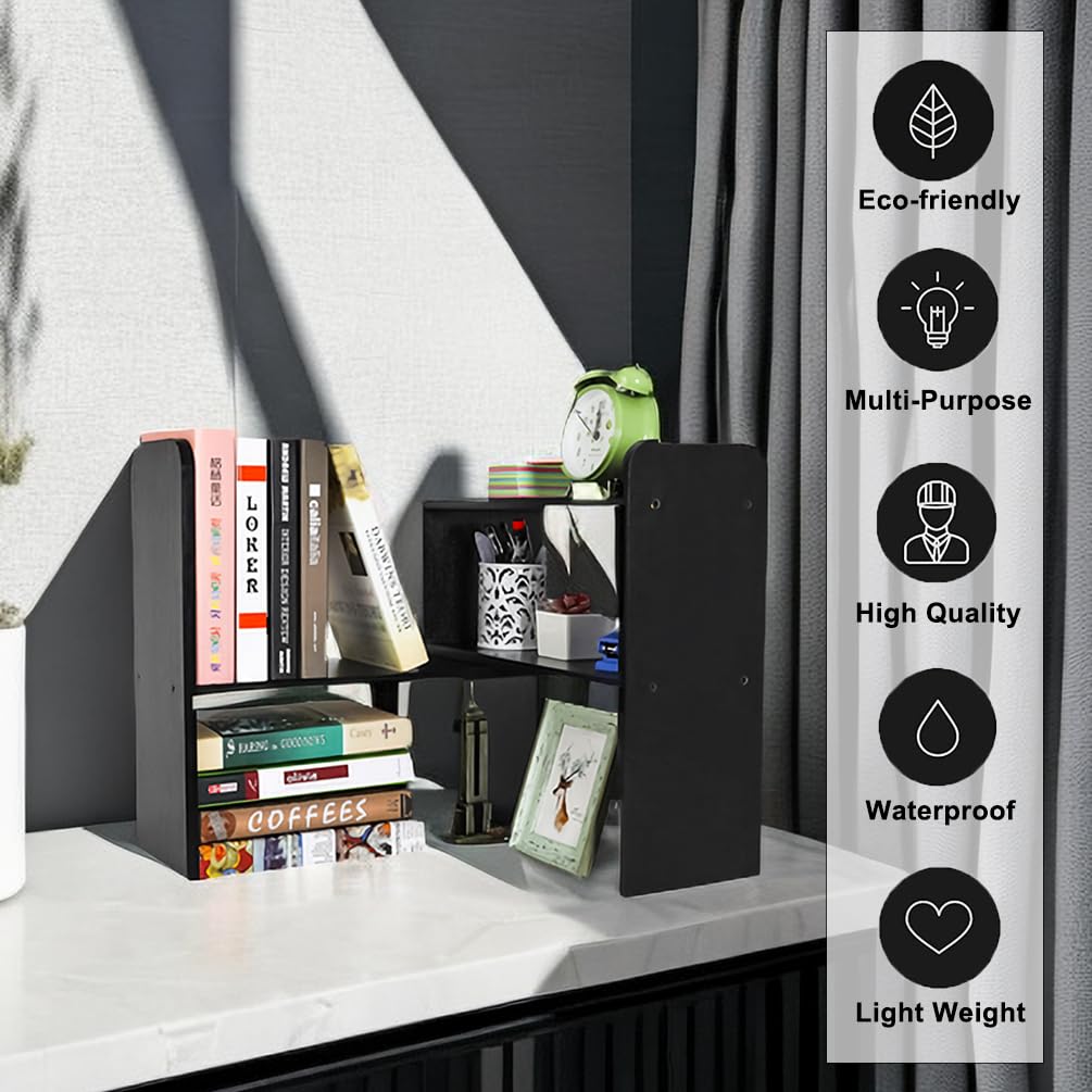 PAG Desk Organizer Desktop Shelf Adjustable Countertop Bookshelf Small Table Shelves Book Organizer Office Organization for Desk, Black