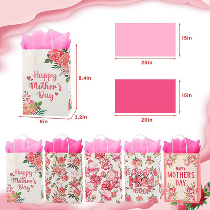 CMSSHUAI 20 Pcs Mother's Day Bags with Tissue Paper，Medium Small Mothers Day Bags with Handles Floral Mothers Paper Bags Treat Bags Candy Bags Bulk for Mom Grandma Wife Women