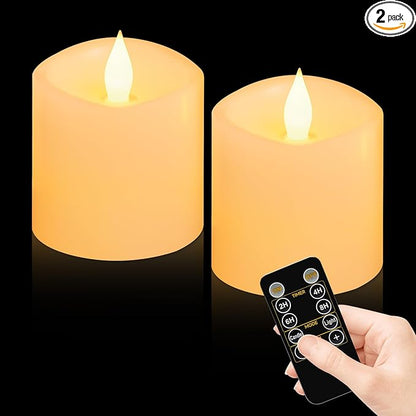 3x3 Flameless Candles with Remote & Timer - Battery Operated LED Pillar Candles, 600-Hour Long-Lasting, Flickering Effect for Valentine's Day, Indoor/Outdoor Decor (Ivory, 3x3 Inch, 2 Pack)