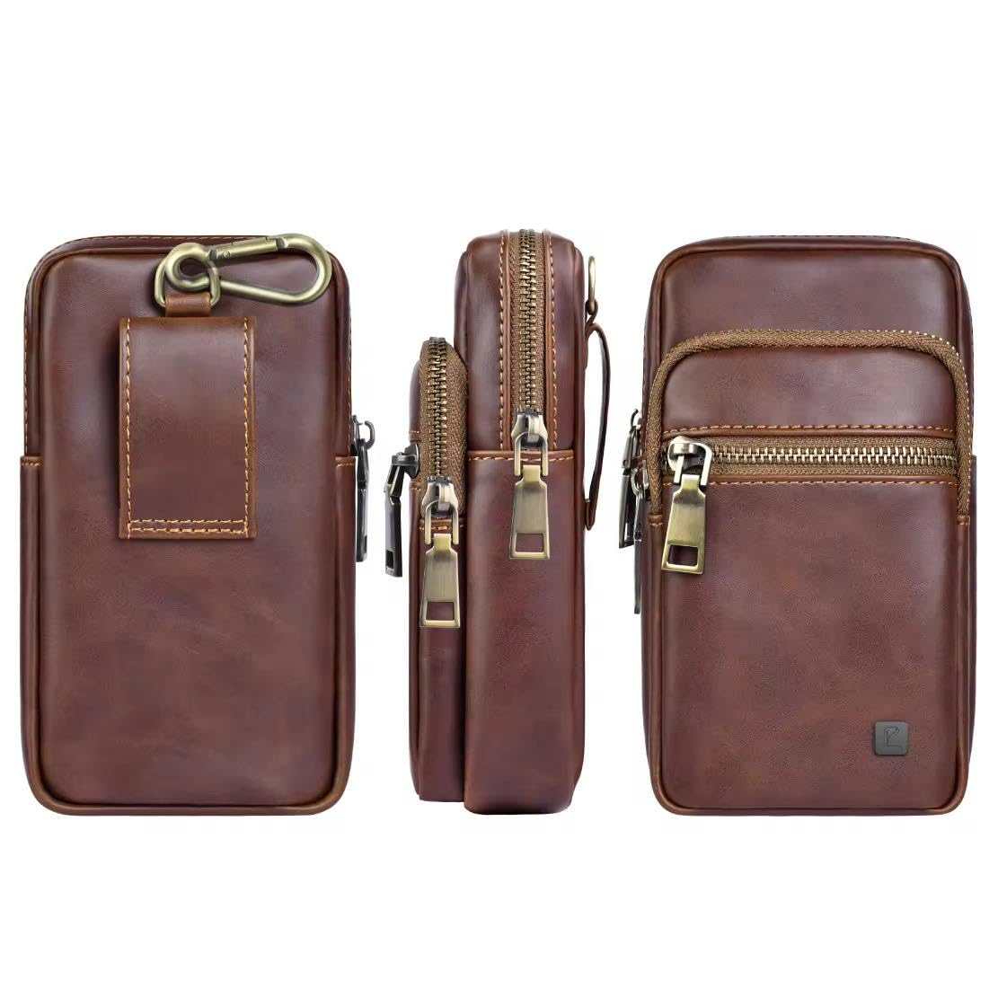 Leather Phone Holster with Belt Loop and Carabiner, Waist Phone Pouch for Smartphones up to 7.2 Inches, Compact Mobile Phone Bag with Zipper Pockets, Tan Brown