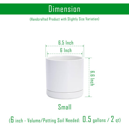 D'vine Dev 6.5 Inch Ceramic Planter Pot with Drainage Hole and Saucer, Indoor Cylinder Round Flower Pot, White, 94-O-C-1