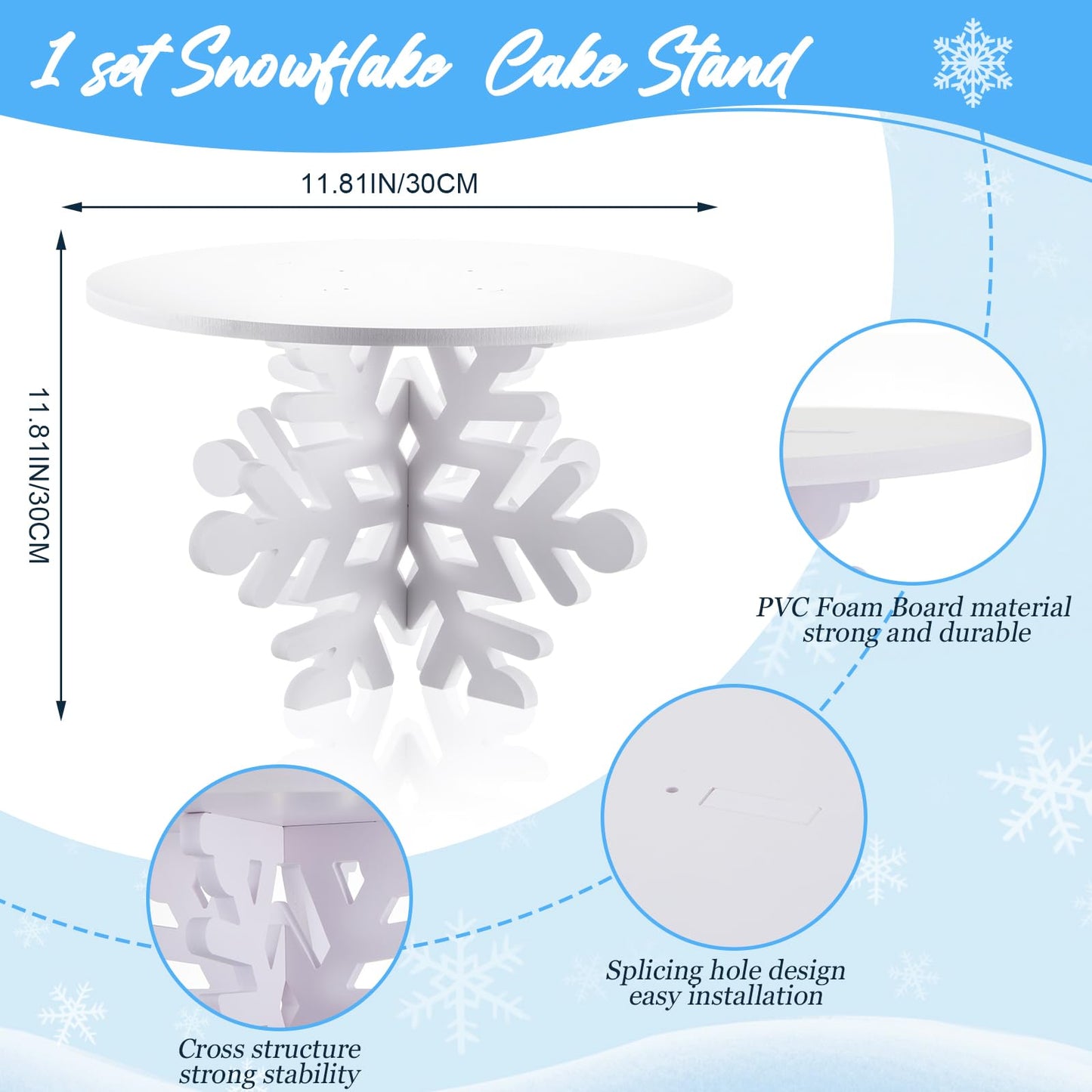 Lallisa 12" Snowflake Frozen Cake Stand White 3D Snowflake PVC Cake Decorations with Engraved Snow Themed Holder Winter Dessert Stand Centerpieces for Frozen Winter Birthday Party Supplies