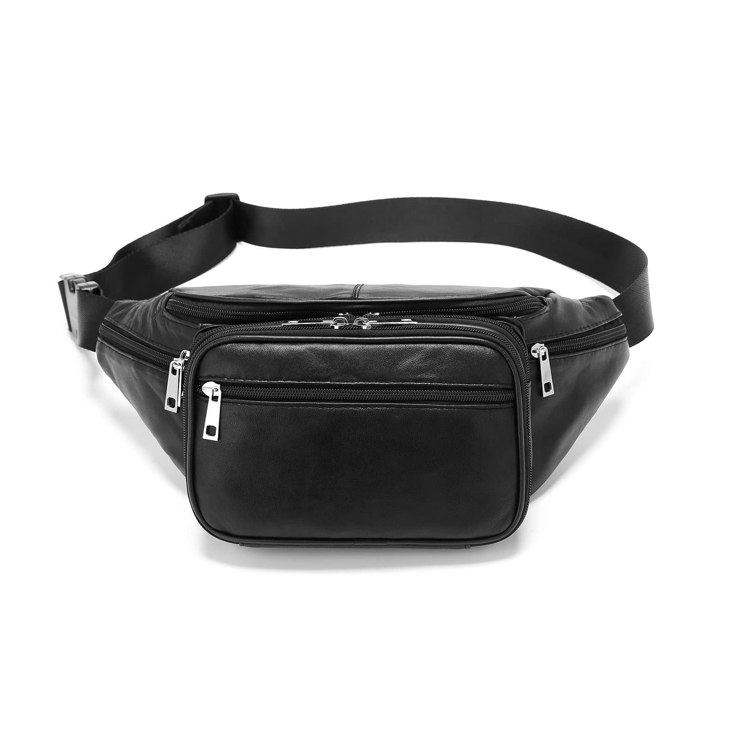 Genuine Leather Large 7 Pocket Waist Pack with Organizer, Card Slots (Black)